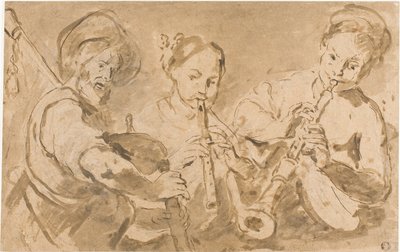 Drie muzikanten spelen hoorns en pijp door Bernardo Strozzi