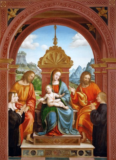 Madonna en Kind met heiligen Jacobus, Filippus en de familie van Antonio Busti, 1515-1517 door Bernardo Zenale