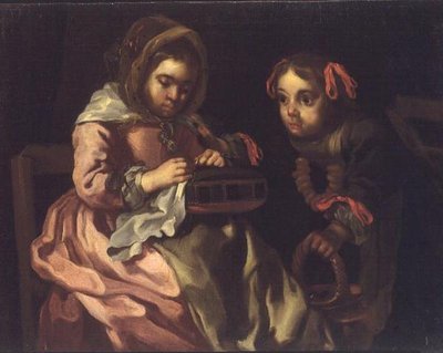 Twee meisjes aan het naaien door Bernardt Keil or Keyl