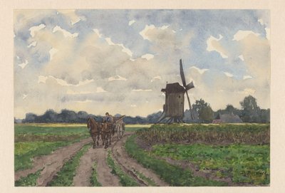Landschap met molen en wagen te Vorden door Bernardus Bueninck (signed by artist)
