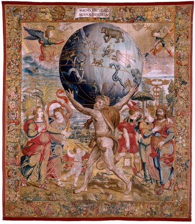 Vlaams wandtapijt. Serie De Sferen. Hercules ondersteunt de hemelbol. Eerste wandtapijt in de serie. Model Barend van Orley of Pieter Coecke van Aelst. 1525-1530. Manufacture Joris Vezeleer (Georg Wezeler)? door Bernart van (attr. to) Orley