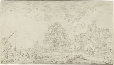 Gezicht op een dorp met links een waterput door Bernhard Schreuder