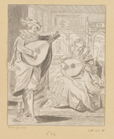 Luitspelende heer en dame door Bernhard Schreuder