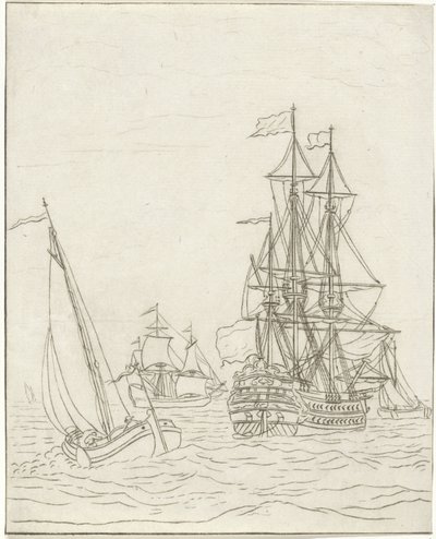 Oorlogschip en drie zeilschepen op volle zee door Bernhard Schreuder