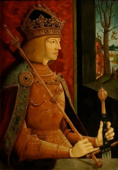 Keizer Maximiliaan I 1459-1519, met kroon, scepter en zwaard, ca. 1500 door Bernhard Strigel