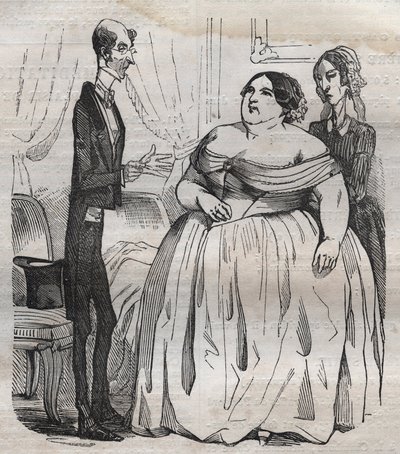 De lekkerbekken - obesitas en de magere - gravure in 