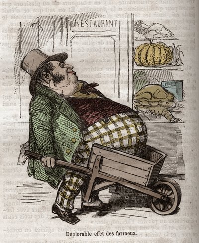 Obesitas - Des Gourmands - betreurenswaardig effect van zetmeelhoudende stoffen - gravure in 