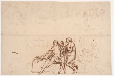 Verschillende schetsen vergelijkbaar met reliëf "Adam en Eva" 1838 en "Atalante" reliëf: Villa Torlonia 1837 door Bertel Thorvaldsen