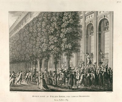 Motie gemaakt in het Palais Royal door Camille Desmoulins op 12 juli 1789 door Berthault