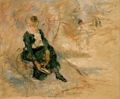 Jonge vrouw die haar schaats aandoet door Berthe Morisot