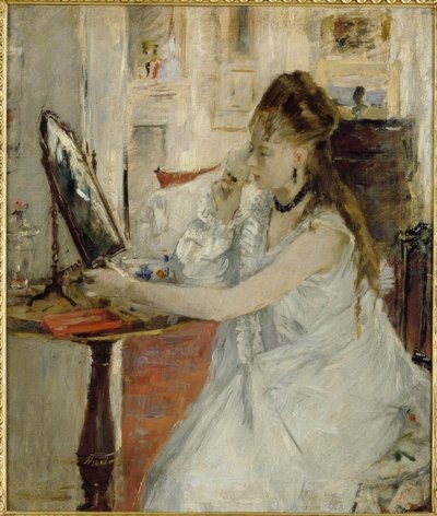 Jonge vrouw die zich poedert door Berthe Morisot