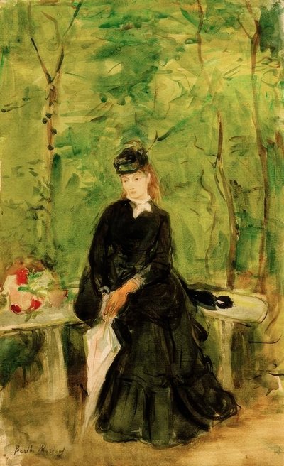 De zus van de kunstenaar Edma zittend in het park door Berthe Morisot