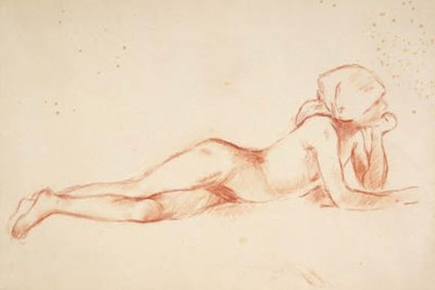 Liggende, naakte jonge vrouw met hoofddoek door Berthe Morisot