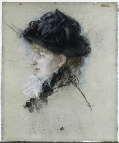 Mademoiselle Louise Riesener met een hoed door Berthe Morisot