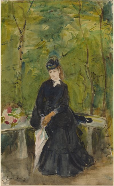 De zus van de kunstenaar, Edma, zittend in een park door Berthe Morisot