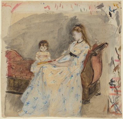 De zus van de kunstenaar, Edma, met haar dochter Jeanne (voorkant); De zus van de kunstenaar, Edma, zittend in de open lucht (achterkant) door Berthe Morisot