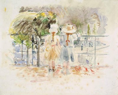 Twee kleine meisjes bij een balustrade aan het meer in de Jardin des Tuileries, Parijs door Berthe Morisot