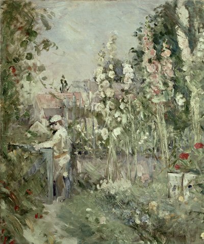 Jonge jongen in de stokrozen door Berthe Morisot