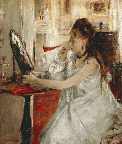 Jonge vrouw die haar gezicht poedert door Berthe Morisot