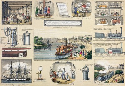Geschiedenis van stoom, illustratie voor een educatief leerboek, midden 19e eeuw door Bertmont