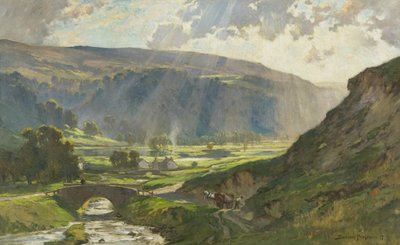 De zon-gesluierde heuvels van Wharfedale door Bertram Priestman