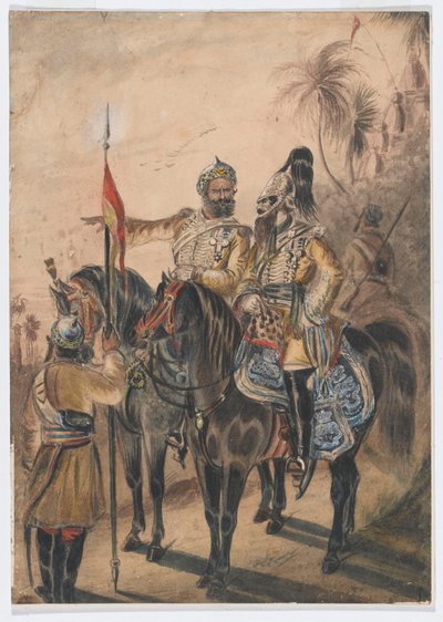 Twee bereden officieren en een afgestegen sowar, 4e Bengaalse onregelmatige cavalerie, c.1850 (aquarel) door Bethune Donald Grant