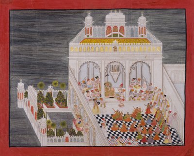 Maharana Ari Singh met zijn hovelingen vermaakt in het Jagniwas Waterpaleis, gedateerd 1767 door Bhima