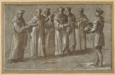Zes professoren in de anatomie, die een schedel en gevilde ledematen bespreken door Biagio Pupini