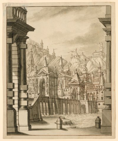 Toneelontwerp, Stad op Heuvel met Getorende Gebouwen door Bibiena Family, 1657