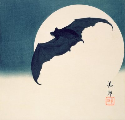 Vleermuis en Volle Maan door Biho Takashi or Takahashi (b. 1873. fl 1890 1930)