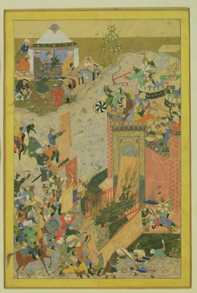 Aanval op een kasteel, Perzisch, Timuridische periode (1370-1506) c.1475-1500 door Bihzad attr. to Bihzad attr. to