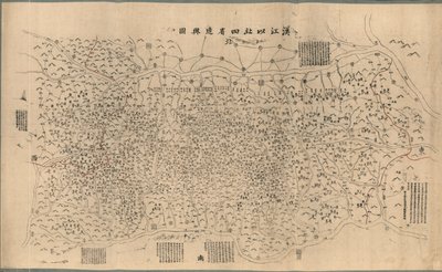 Han Jiang yi bei si sheng bian yu tu, ke ban. Manuscriptinformatie in rode inkt op oost- en westgrenzen. Gemonteerd op tweede vel papier en versterkt aan de randen met doek. Beschikbaar ook via de website van de Library of Congress als rasterafbeelding. LC door Bingran Zheng