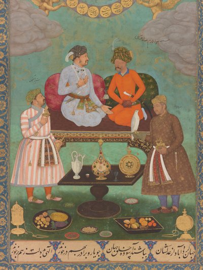 Jahangir entertaint Shah Abbas uit het St. Petersburg Album (detail) door Bishandas