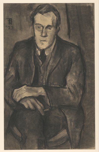Portret van J.W. Bijl, zittend met de handen op de knieën door Bob Hanf (signed by artist)