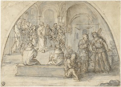 Twaalfjarige Christus in de Tempel en de Bevrijding van Petrus door Boccaccio Boccaccino (attributed to)