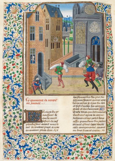 Add. 35323 f.122v Gewikkelde lichamen worden een gebouw binnen gedragen, illustratie uit 