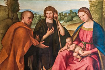 Aanbidding van de herders Madonna met het kindje Jezus en twee herders (detail) door Boccaccio Boccaccino