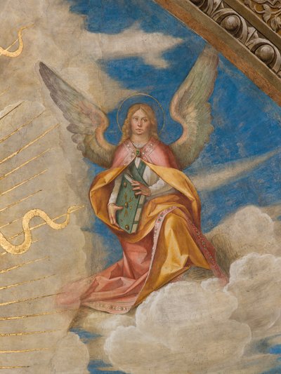 Apsis, Catino Apsis, Pantocrator tussen Heiligen Marcellino, Imerio, Omobono, Peter Exorcist (detail engel rechts) door Boccaccio Boccaccino