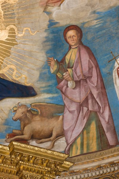 Apsis, Catino Apsis, Pantocrator tussen Heiligen Marcellino, Imerio, Omobono, Peter Exorcist (detail St. Omobono) door Boccaccio Boccaccino