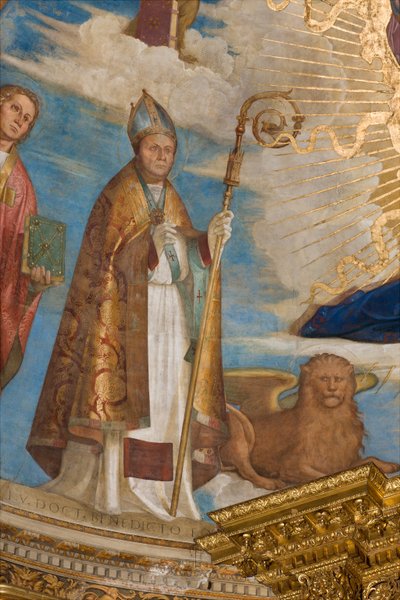 Apsis, Catino Apsis, Pantocrator tussen Heiligen Marcellino, Imerio, Omobono, Peter Exorcist (detail St. Imerio) door Boccaccio Boccaccino