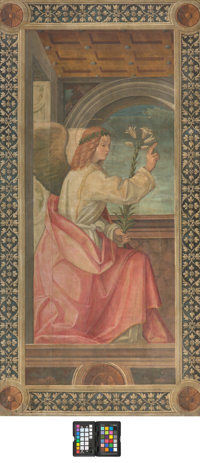 Contofacade zuid transept, Boccaccio Boccaccino, Annunciatie (detail) van de Engel, Vroeg XVI eeuw, Fresco gescheurd door Boccaccio Boccaccino