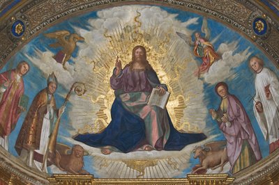 De Verlosser in glorie tussen St. Himerius, St. Marcellinus, St. Omobono en St. Peter, en de symbolen van de evangelisten door Boccaccio Boccaccino