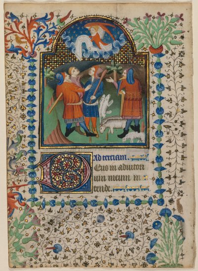 Blad uit een getijdenboek: Aankondiging aan de herders recto en tekst verso, ca. 1410-20 door Boethius Illuminator