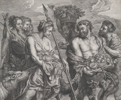 Diana terugkerend van de jacht, vergezeld door honden en haar nimfen links, twee saters..., ca. 1640-59 door Boetius Adams Bolswert