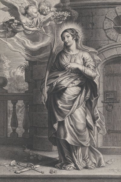 Sint Barbara met palmtakken, een zwaard en bloemen aan haar voeten, twee putti, ca. 1625-59 door Boetius Adams Bolswert