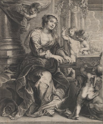 Sint Cecilia speelt het orgel omringd door putti door Boetius Adams Bolswert