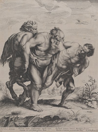 De dronken Silenus, ondersteund door een sater en een faun door Boetius Adams Bolswert