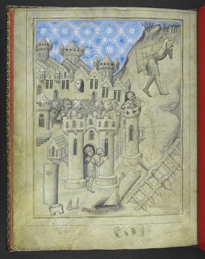 Add 24189. f.16v, Samson die de poorten van Gaza draagt, bekeken vanaf de stadsmuren door gepantserde soldaten en, bij een raam, Delilah, uit het 