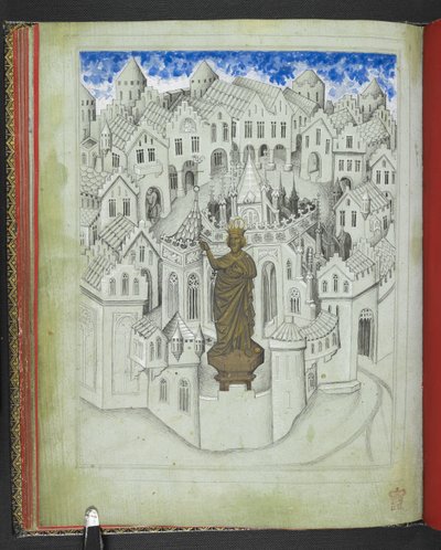 Add 24189, f.9v, De stad Constantinopel, met een groot standbeeld van keizer Justinianus voor de kathedraal van St. Sophia, uit het 