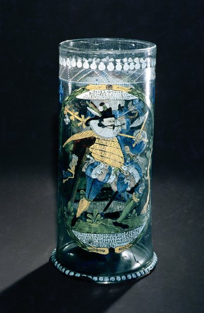 Humpen (hoge beker) met geëmailleerde decoratie van een Jager en een Vrouw, c.1594 (glas) door Bohemian School